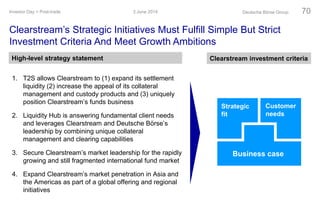 1. T2S allows Clearstream to (1) expand its settlement
liquidity (2) increase the appeal of its collateral
management and custody products and (3) uniquely
position Clearstream’s funds business
2. Liquidity Hub is answering fundamental client needs
and leverages Clearstream and Deutsche Börse’s
leadership by combining unique collateral
management and clearing capabilities
3. Secure Clearstream’s market leadership for the rapidly
growing and still fragmented international fund market
4. Expand Clearstream’s market penetration in Asia and
the Americas as part of a global offering and regional
initiatives
Clearstream investment criteriaHigh-level strategy statement
Strategic
fit
Customer
needs
Business case
Clearstream’s Strategic Initiatives Must Fulfill Simple But Strict
Investment Criteria And Meet Growth Ambitions
3 June 2014Investor Day > Post-trade Deutsche Börse Group 70
 