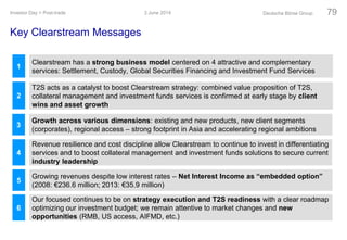 Key Clearstream Messages
Revenue resilience and cost discipline allow Clearstream to continue to invest in differentiating
services and to boost collateral management and investment funds solutions to secure current
industry leadership
4
T2S acts as a catalyst to boost Clearstream strategy: combined value proposition of T2S,
collateral management and investment funds services is confirmed at early stage by client
wins and asset growth
2
Growing revenues despite low interest rates – Net Interest Income as “embedded option”
(2008: €236.6 million; 2013: €35.9 million)
5
Clearstream has a strong business model centered on 4 attractive and complementary
services: Settlement, Custody, Global Securities Financing and Investment Fund Services
1
Growth across various dimensions: existing and new products, new client segments
(corporates), regional access – strong footprint in Asia and accelerating regional ambitions
3
3 June 2014Investor Day > Post-trade Deutsche Börse Group 79
Our focused continues to be on strategy execution and T2S readiness with a clear roadmap
optimizing our investment budget; we remain attentive to market changes and new
opportunities (RMB, US access, AIFMD, etc.)
6
 