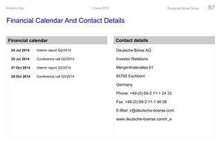 Financial Calendar And Contact Details
3 June 2014Investor Day Deutsche Börse Group 97
Contact detailsFinancial calendar
Deutsche Börse AG
Investor Relations
Mergenthalerallee 61
65760 Eschborn
Germany
Phone: +49-(0) 69-2 11-1 24 33
Fax: +49-(0) 69-2 11-1 46 08
E-Mail: ir@deutsche-boerse.com
www.deutsche-boerse.com/ir_e
24 Jul 2014 Interim report Q2/2014
25 Jul 2014 Conference call Q2/2014
27 Oct 2014 Interim report Q3/2014
28 Oct 2014 Conference call Q3/2014
 