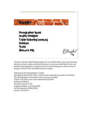 I found a website called Photographers for you which allows you to put forward
the job you have in place and you tick boxes as how you would like it to be and
freelance photographers respond to this via email giving you a wide variety of
things to choose from with different price ranges.
Initial quote for photographer is £325
Including model will be £100 + £100 for hair and make up artist on location]
The photographer and models travel costs are included
Tshirts x 50 white crew neck embroiderd £229.80
Software £2685.63
Travel for myself 17.50
Graphic designer to do logo £300
Full A4 Spread in FHM £3,500
Overall - £6,932.93
 