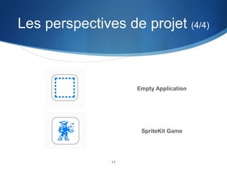 Les perspectives de projet (4/4)

Empty Application

SpriteKit Game

17

 