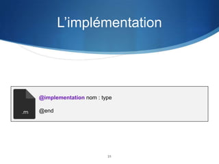 L’implémentation

@implementation nom : type
@end

31

 