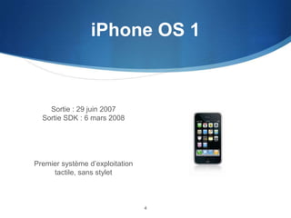 iPhone OS 1

Sortie : 29 juin 2007
Sortie SDK : 6 mars 2008

Premier système d’exploitation
tactile, sans stylet

4

 