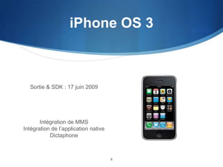 iPhone OS 3

Sortie & SDK : 17 juin 2009

Intégration de MMS
Intégration de l’application native
Dictaphone

6

 
