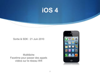 iOS 4

Sortie & SDK : 21 Juin 2010

Multitâche
Facetime pour passer des appels
vidéos sur le réseau Wifi

7

 