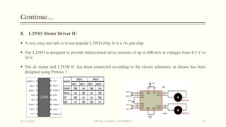 Continue…
8. L293D Motor Driver IC
 A very easy and safe is to use popular L293D chip. It is a 16- pin chip.
 The L293D is designed to provide bidirectional drive currents of up to 600-mA at voltages from 4.5 V to
36 V.
 The dc motor and L293D IC has been connected according to the circuit schematic as shown has been
designed using Proteus 7.
15/5/2016 VATSAL N SHAH : IOT ROBOT 11
 