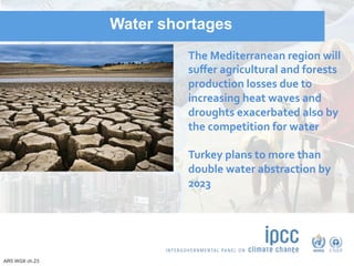 IPCC AR5 Synthesis Report
Water shortages	
	
The	Mediterranean	region	will	
suﬀer	agricultural	and	forests	
production	losses	due	to	
increasing	heat	waves	and	
droughts	exacerbated	also	by	
the	competition	for	water	
	
Turkey	plans	to	more	than	
double	water	abstraction	by	
2023	
	
	
AR5 WGII ch.23
 