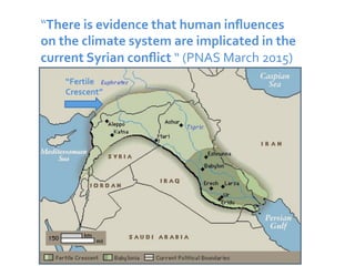 “There	is	evidence	that	human	inﬂuences	
on	the	climate	system	are	implicated	in	the	
current	Syrian	conﬂict	“	(PNAS	March	2015)	
“Fertile	
Crescent”	
 