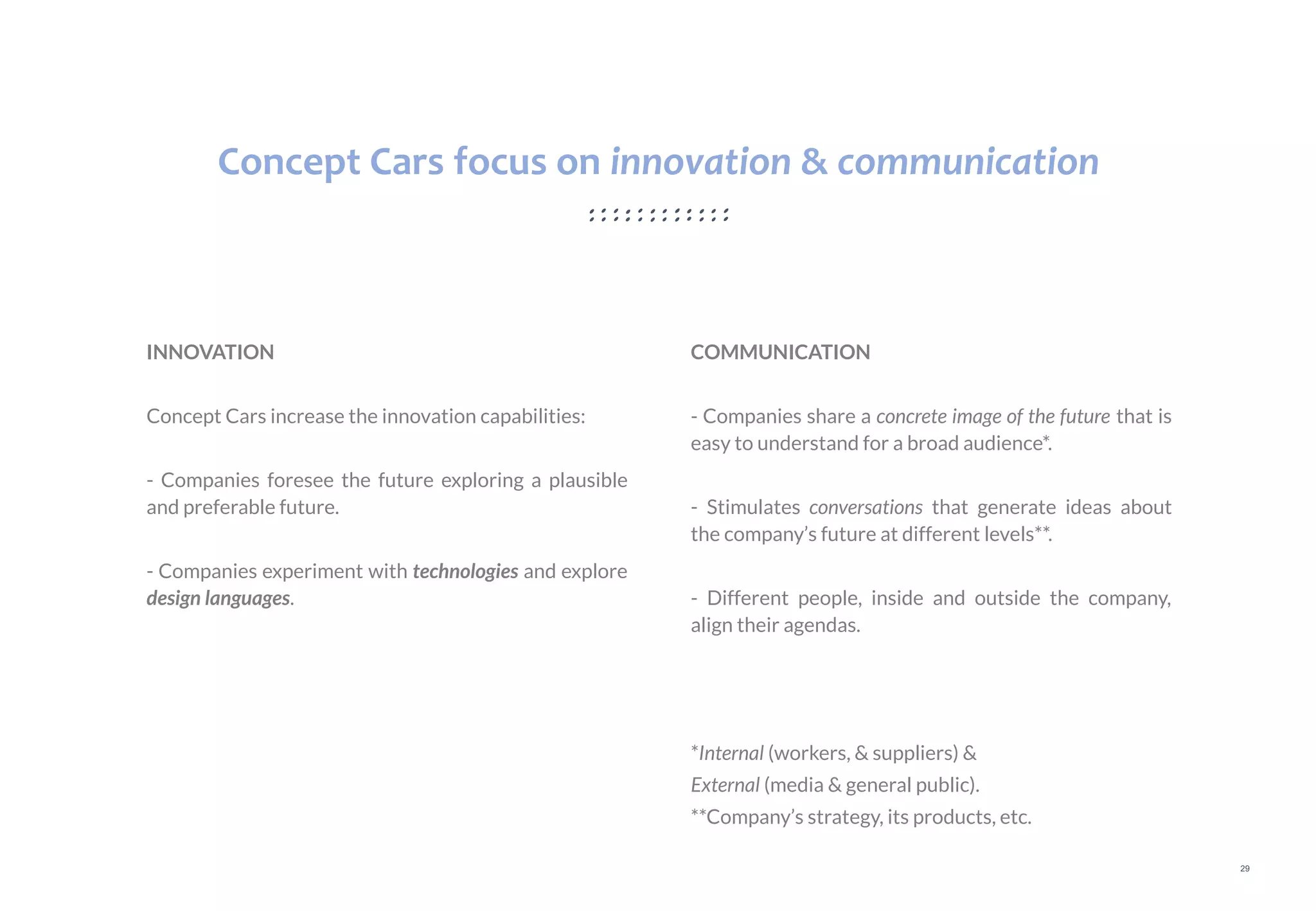 29
INNOVATION
Concept Cars increase the innovation capabilities:
- Companies foresee the future exploring a plausible
and preferable future.
- Companies experiment with technologies and explore
design languages.
COMMUNICATION
- Companies share a concrete image of the future that is
easy to understand for a broad audience*.
- Stimulates conversations that generate ideas about
the company’s future at different levels**.
- Different people, inside and outside the company,
align their agendas.
*Internal (workers, & suppliers) &
External (media & general public).
**Company’s strategy, its products, etc.
Concept Cars focus on innovation & communication
 