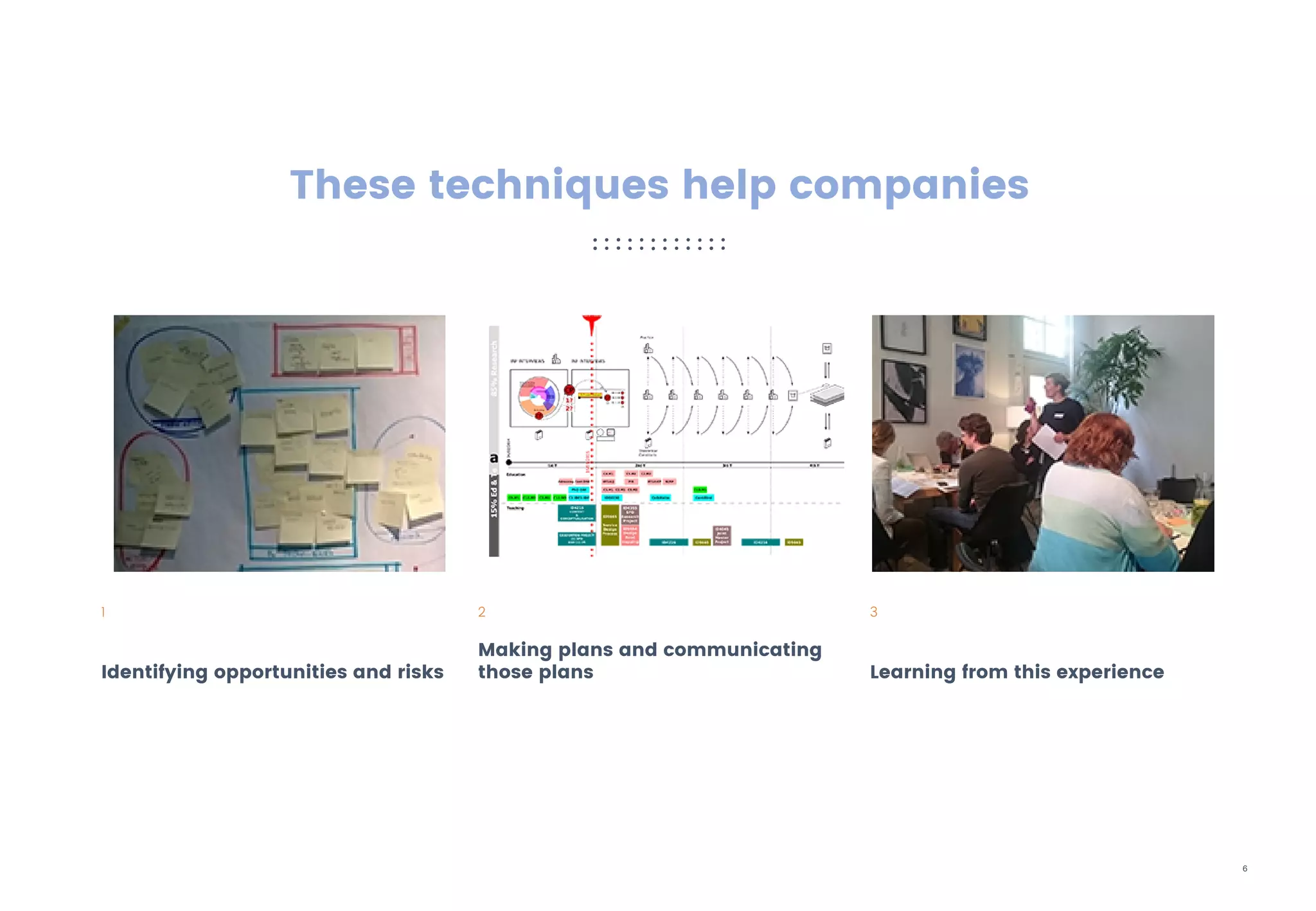 6
2
Making plans and communicating
those plans
3
Learning from this experience
1
Identifying opportunities and risks
These techniques help companies
 
