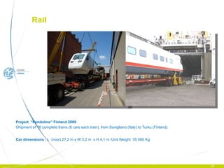 Project  “Pendolino” Finland 2009 Shipment of 16 complete trains (6 cars each train), from Savigliano (Italy) to Turku (Finland). Car dimensions :  L  (max) 27,2 m x W 3,2 m  x H 4,1 m /Unit Weight  55 000 Kg  Rail  
