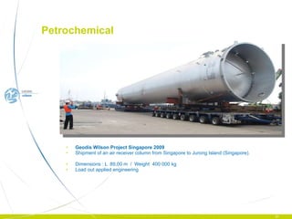 Geodis Wilson Project Singapore 2009 Shipment of an a ir receiver column  from Singapore to Jurong Island (Singapore). Dimensions : L  89,00 m  /  Weight  400 000 kg Load out applied engineering Petrochemical  