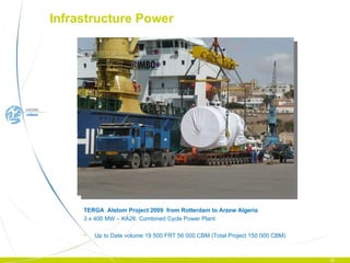 TERGA  Alstom Project 2009  from Rotterdam to Arzew Algeria 3 x 400 MW – KA26. Combined Cycle Power Plant  Up to Date volume 19 500 FRT 56 000 CBM (Total Project 150 000 CBM) Infrastructure Power  