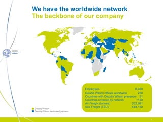 We have the worldwide network The backbone of our company Geodis Wilson Geodis Wilson dedicated partners Employees  6,400 Geodis Wilson offices worldwide  250 Countries with Geodis Wilson presence 51 Countries covered by network +120 Air Freight (tonnes) 203,981 Sea Freight (TEU) 444,150 