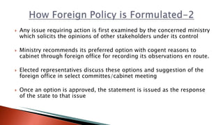  Any issue requiring action is first examined by the concerned ministry
which solicits the opinions of other stakeholders under its control
 Ministry recommends its preferred option with cogent reasons to
cabinet through foreign office for recording its observations en route.
 Elected representatives discuss these options and suggestion of the
foreign office in select committes/cabinet meeting
 Once an option is approved, the statement is issued as the response
of the state to that issue
 