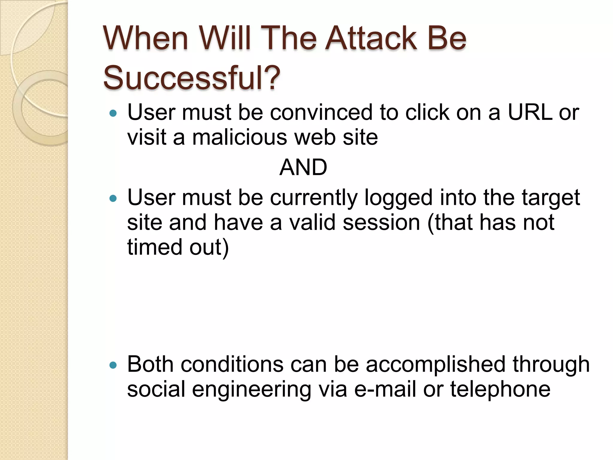 Ways of Launching Cross-Site Scripting AttacksAttacker's script must be sent to the victimInter-user communication within the target site (i.e., message board, etc.)URL provided on a third-party web site (either clicked on by victim user or automatically loaded when visiting a malicious web site)URL embedded in an email or newsgroup posting
