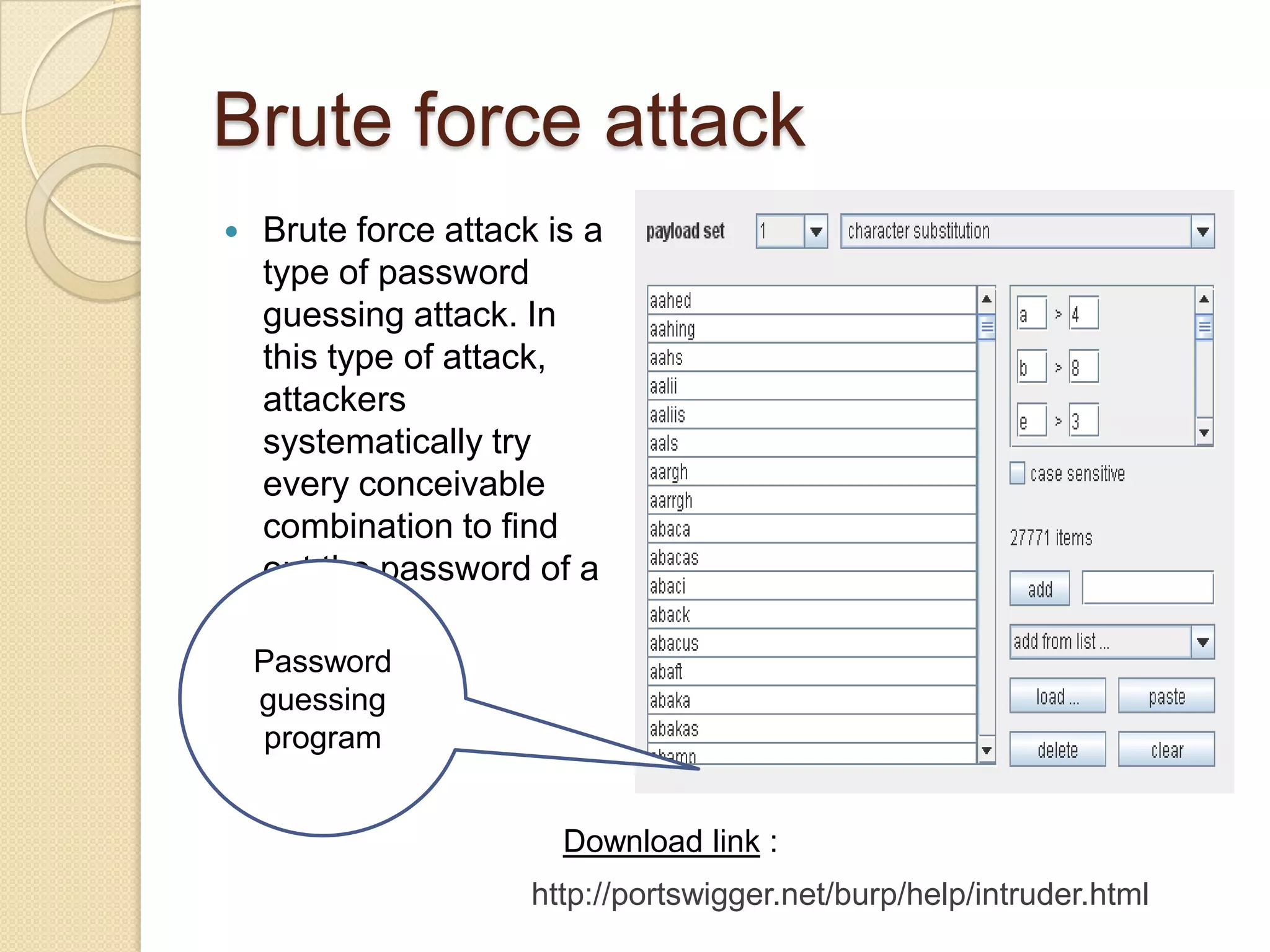 Types of attacksCryptographic AttacksInjection AttacksPrivilege esclationPhishingDoSSpoofingMalwares