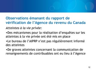 Observations émanant du rapport de
vérification de l’Agence du revenu du Canada
Atteintes à la vie privée:
•Des mécanismes pour la réalisation d’enquêtes sur les
atteintes à la vie privée ont été mis en place
•Le bureau de l’AIPRP n’est pas régulièrement informé
des atteintes
•De graves atteintes concernant la communication de
renseignements de contribuables ont eu lieu à l’Agence
12
 