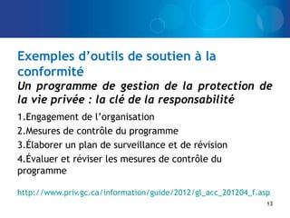 Exemples d’outils de soutien à la
conformité
Un programme de gestion de la protection de
la vie privée : la clé de la responsabilité
1.Engagement de l’organisation
2.Mesures de contrôle du programme
3.Élaborer un plan de surveillance et de révision
4.Évaluer et réviser les mesures de contrôle du
programme
http://www.priv.gc.ca/information/guide/2012/gl_acc_201204_f.asp
13
 