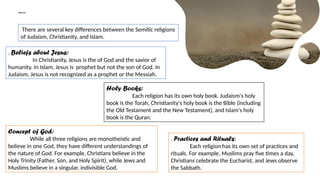 Differences :
. Beliefs about Jesus:
In Christianity, Jesus is the of God and the savior of
humanity. In Islam, Jesus is prophet but not the son of God. In
Judaism, Jesus is not recognized as a prophet or the Messiah.
Concept of God:
While all three religions are monotheistic and
believe in one God, they have different understandings of
the nature of God. For example, Christians believe in the
Holy Trinity (Father, Son, and Holy Spirit), while Jews and
Muslims believe in a singular, indivisible God.
There are several key differences between the Semitic religions
of Judaism, Christianity, and Islam.
Holy Books:
Each religion has its own holy book. Judaism's holy
book is the Torah, Christianity's holy book is the Bible (including
the Old Testament and the New Testament), and Islam's holy
book is the Quran.
. Practices and Rituals:
Each religion has its own set of practices and
rituals. For example, Muslims pray five times a day,
Christians celebrate the Eucharist, and Jews observe
the Sabbath.
 