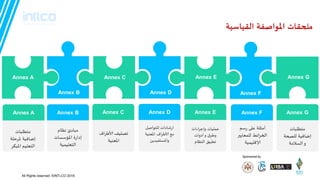 Annex A Annex DAnnex C Annex F
‫مخطلباث‬
‫ي‬‫لرو‬ ‫ئضافيت‬
‫إلاحخياجاث‬
‫الخاصت‬
Annex B
Annex A
Annex B
Annex C Annex E
Annex D Text Here
Annex E
Annex F
Annex G
‫اءاث‬‫س‬‫وئج‬ ‫عملياث‬
‫أدواث‬‫و‬ ‫ق‬‫وطس‬
‫الىظام‬ ‫جطبيم‬
‫للخىاصل‬ ‫شاداث‬‫ز‬‫ا‬
‫املعىيت‬ ‫اف‬‫س‬‫ألاط‬ ‫مع‬
ًً‫واملظخفيد‬
‫ألاطساف‬ ‫جصييف‬
‫املعىيت‬
Annex G
‫هظام‬ ‫مبادئ‬
‫املإطظاث‬ ‫ة‬‫ز‬‫ئدا‬
‫الخعليميت‬
‫مخطلباث‬
‫ملسحلت‬ ‫ئضافيت‬
‫املبىس‬ ‫الخعليم‬
‫مخطلباث‬
‫للصحت‬ ‫ئضافيت‬
‫الظالمت‬‫و‬
‫طم‬‫ز‬ ‫على‬ ‫أمثلت‬
‫للمعاًحر‬ ‫ائط‬‫س‬‫الخ‬
‫إلاكليميت‬
‫اللياطيت‬ ‫املىاصفت‬ ‫ملحلاث‬
Sponsored by
All Rights reserved. ©INTLCO 2019.
 