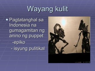 Wayang kulit Pagtatanghal sa Indonesia na gumagamitan ng anino ng puppet -epiko - isyung pulitikal   