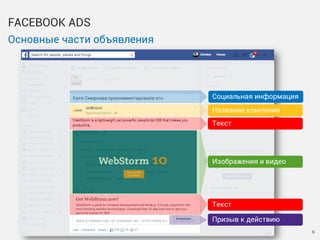 Основные части объявления
FACEBOOK ADS
6
Катя Смирнова прокомментировала это. Социальная информация
Название компании
Текс...