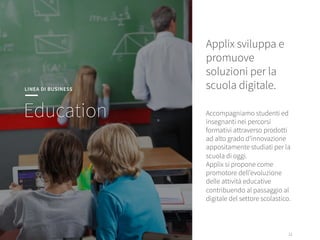 11
11
Applix sviluppa e
promuove
soluzioni per la
scuola digitale.


Accompagniamo studenti ed
insegnanti nei percorsi
formativi attraverso prodotti
ad alto grado d’innovazione
appositamente studiati per la
scuola di oggi.
Applix si propone come
promotore dell’evoluzione
delle attività educative
contribuendo al passaggio al
digitale del settore scolastico.
LINEA DI BUSINESS
Education
 