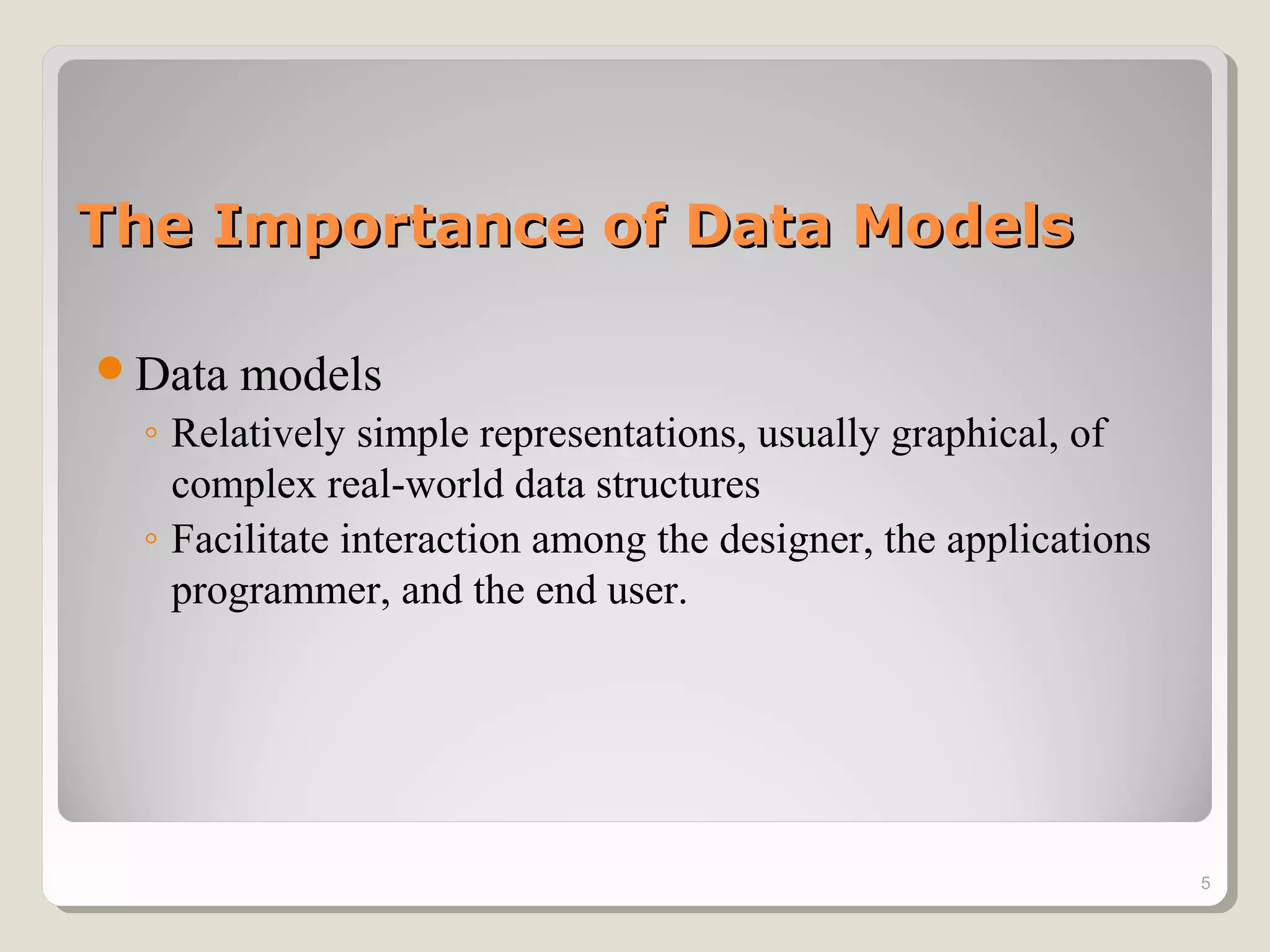 The Importance of Data ModelsThe Importance of Data Models
Data models
◦ Relatively simple representations, usually graphical, of
complex real-world data structures
◦ Facilitate interaction among the designer, the applications
programmer, and the end user.
5
 
