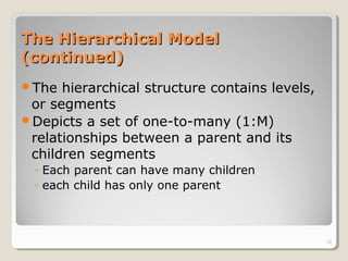 The Hierarchical ModelThe Hierarchical Model
(continued)(continued)
The hierarchical structure contains levels,
or segments
Depicts a set of one-to-many (1:M)
relationships between a parent and its
children segments
◦ Each parent can have many children
◦ each child has only one parent
12
 