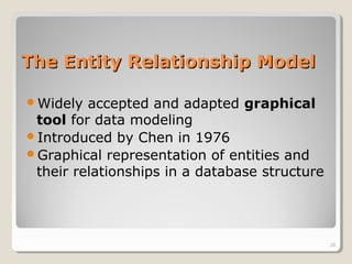 The Entity Relationship ModelThe Entity Relationship Model
Widely accepted and adapted graphical
tool for data modeling
Introduced by Chen in 1976
Graphical representation of entities and
their relationships in a database structure
28
 
