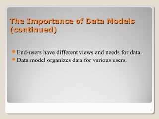 The Importance of Data ModelsThe Importance of Data Models
(continued)(continued)
End-users have different views and needs for data.
Data model organizes data for various users.
6
 