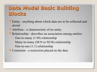 Data Model Basic BuildingData Model Basic Building
BlocksBlocks
Entity - anything about which data are to be collected and
stored
Attribute - a characteristic of an entity
Relationship - describes an association among entities
◦ One-to-many (1:M) relationship
◦ Many-to-many (M:N or M:M) relationship
◦ One-to-one (1:1) relationship
Constraint - a restriction placed on the data
8
 