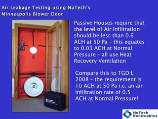   Air Leakage Testing using NuTech’s Minneapolis Blower Door Passive Houses require that the level of Air Infiltration should be less than 0.6 ACH at 50 Pa – this equates to 0.03 ACH at Normal Pressure – all use Heat Recovery Ventilation Compare this to TGD L 2008 – the requirement is 10 ACH at 50 Pa i.e. an air infiltration rate of 0.5 ACH at Normal Pressure! 