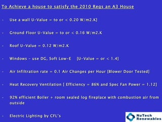 To Achieve a house to satisfy the 2010 Regs an A3 House Use a wall U-Value = to or < 0.20 W/m2.K] Ground Floor U-Value = to or < 0.16 W/m2.K Roof U-Value = 0.12 W/m2.K Windows – use DG, Soft Low-E  [U-Value = or < 1.4] Air Infiltration rate = 0.1 Air Changes per Hour [Blower Door Tested] Heat Recovery Ventilation [ Efficiency = 86% and Spec Fan Power = 1.12] 92% efficient Boiler + room sealed log fireplace with combustion air from outside Electric Lighting by CFL’s NuTech Solar H&V with HRV and Solar Hot Water RESULT = 62 kWh/m2.Year [ An A3 House ] RESULT = With Heat Pump and ‘Tweaking’ can be    49 kWh/m2.year [An A2 House –close to Passive] 
