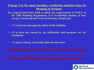   Energy Use for space heating, ventilation and hot water in Housing in Ireland In a typical Irish house built to satisfy the requirements of TGD L of the 2005 Building Regulations, it is worthwhile looking at how energy is used and heat is lost in housing. Simply put: 1/3 is heat lost through the fabric of the building 1/3 is heat lost caused by air infiltration and necessary air for ventilation 1/3 goes to energy to provide domestic hot water Extra insulation can only save a certain amount of energy   Focus on air infiltration and the domestic hot water load   
