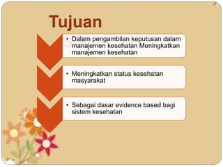 Tujuan
SIK• Dalam pengambilan keputusan dalam
manajemen kesehatan Meningkatkan
manajemen kesehatan
• Meningkatkan status kesehatan
masyarakat
• Sebagai dasar evidence based bagi
sistem kesehatan
 