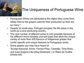 The Uniqueness of Portuguese Wine Portuguese Wines are attributed to the region they come from,  rather than to the grapes used for their production as their are so many ! Despite its small area, Portugal occupies the 6th place in the world as a wine producing country.  The vast number of different wines is only possible because of the different micro-climates and soil types that allow the unique variety of more than 200 flavours of indigenous grapes that confer specific and unique features to Portuguese wines. Some grapes you may have heard of:  Touriga Nacional, Arinto, Fernão Pires, Castelão, Tinta Roriz,  and even Esgana Cão (Dog Distemper ) or Rabo de Ovelha (sheep tail)  