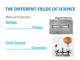 THE DIFFERENT FIELDS OF SCIENCE
Natural Sciences               Magnetic Field Lines

Biology
                   Physics



Earth Science
                   Chemistry
 