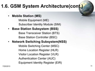 1.6. GSM System Architecture(cont.)
• Mobile Station (MS)
Mobile Equipment (ME)
Subscriber Identity Module (SIM)
• Base Station Subsystem (BSS)
Base Transceiver Station (BTS)
Base Station Controller (BSC)
• Network Switching Subsystem(NSS)
Mobile Switching Center (MSC)
Home Location Register (HLR)
Visitor Location Register (VLR)
Authentication Center (AUC)
Equipment Identity Register (EIR)
7/25/2013 11
 
