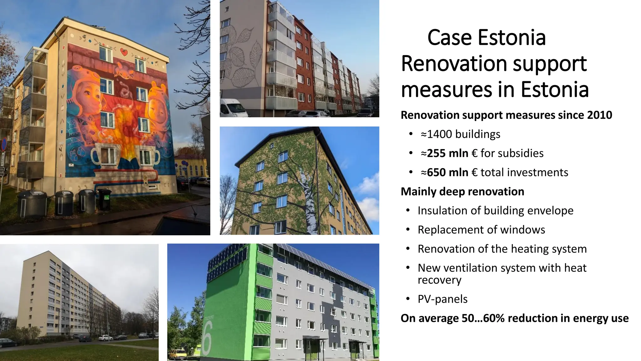Case Estonia
Renovation support
measures in Estonia
Renovation support measures since 2010
• ≈1400 buildings
• ≈255 mln € for subsidies
• ≈650 mln € total investments
Mainly deep renovation
• Insulation of building envelope
• Replacement of windows
• Renovation of the heating system
• New ventilation system with heat
recovery
• PV-panels
On average 50…60% reduction in energy use
 