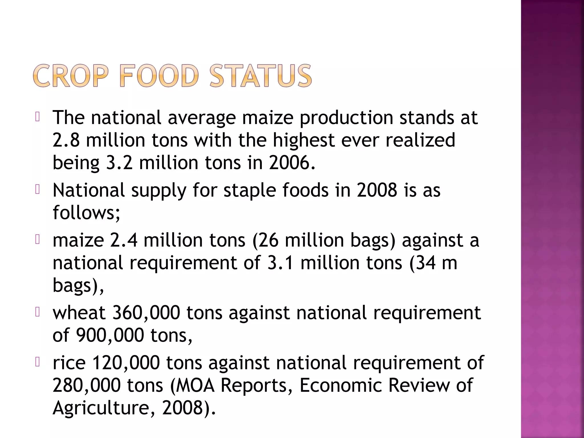 









The national average maize production stands at
2.8 million tons with the highest ever realized
being 3.2 million tons in 2006.
National supply for staple foods in 2008 is as
follows;
maize 2.4 million tons (26 million bags) against a
national requirement of 3.1 million tons (34 m
bags),
wheat 360,000 tons against national requirement
of 900,000 tons,
rice 120,000 tons against national requirement of
280,000 tons (MOA Reports, Economic Review of
Agriculture, 2008).

 