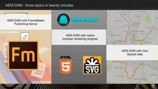 AEM DAM - three topics in twenty minutes
3
AEM DAM with FrameMaker
Publishing Server
AEM DAM with native
browser rendering engines
AEM DAM with Geo
Spatial data
 