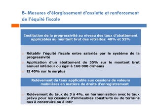 B- Mesures d’élargissement d’assiette et renforcement
de l’équité fiscale
Institution de la progressivité au niveau des taux d’abattement
applicables au montant brut des retraites: 40% et 55%
 Rétablir l’équité fiscale entre salariés par le système de la
progressivité
 Application d’un abattement de 55% sur le montant brut
annuel inférieur ou égal à 168 000 dirhams
 Et 40% sur le surplus
Relèvement du taux applicable aux cessions de valeurs
mobilières en matière de droits d’enregistrement
 Relèvement du taux de 3 à 4%, en harmonisation avec le taux
prévu pour les cessions d’immeubles construits ou de terrains
nus à construire ou à lotir
 
