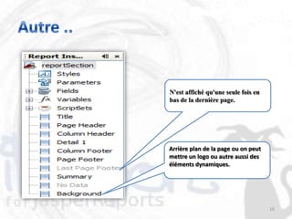 N'est affiché qu'une seule fois en
bas de la dernière page.




Arrière plan de la page ou on peut
mettre un logo ou autre aussi des
éléments dynamiques.




                                     16
 
