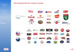 Well-recognized Brands, symbols of quality
1 Production
   Platform


2 Sales and
   Distribution
   Platform

                            Mercosul
3 Added Value
   Products


4 Brands



                            USA



                            Australia




                                                               PAGE   9
 