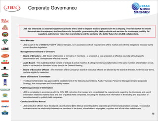 Corporate Governance



    JBS has embraced a Corporate Governance model with a view to implant the best practices in the Company. The view is that the model
        demonstrates transparency and confidence to the public, guaranteeing the best products and services for customers, solidity for
                  suppliers, satisfactory return for shareholders and the certainty of a better future for all JBS collaborators.


Novo Mercado

   JBS is part of the of BM&FBOVESPA´s Novo Mercado, is in accordance with all requirements of this market and with the obligations imposed by the
    current Brazilian legislation.

Management and Board of Directors

   Board of Directors - JBS’ Board of Directors is formed by 7 members – a president, a vice-president, 2 effective councils without specific
    denomination and 3 independent effective councils.

   Audit Board - The Audit Board shall consist of at least 3 and at most five 5 sitting members and alternates in the same number, shareholders or not,
    liable to be elected or dismissed at any time of the General Meeting.

   Board of Executive Officers - The members of the Company’s board of executive officers are elected by the board of directors, for three-year terms,
    and are eligible for reelection.

Board of Directors’ Committees

   The Board of Directors has approved the establishment of the following Committees: Audit, Financial, Personnel Management and Corporate
    Strategy, that incorporates the Sustainability matters.

Publishing and Use of Information

   JBS is completely in accordance with the CVM 358 instruction that revised and consolidated the requirements regarding the disclosure and use of
    information related to material facts and acts of publicly held companies, including the disclosure of information in the trading and acquisition of
    securities issued by publicly held companies.

Conduct and Ethic Manual

   JBS Executive Officers have developed a Conduct and Ethic Manual according to the corporate governance best practices concept. The conduct
    code embraces the relationship between the members of the board, shareholders, employees, suppliers and all the other stakeholders.

                                                                                                                                                           18
 