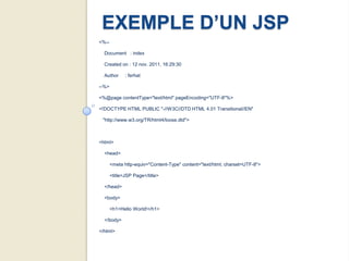 EXEMPLE D’UN JSP
<%--

  Document : index

  Created on : 12 nov. 2011, 16:29:30

  Author      : ferhat

--%>

<%@page contentType="text/html" pageEncoding="UTF-8"%>

<!DOCTYPE HTML PUBLIC "-//W3C//DTD HTML 4.01 Transitional//EN"

 "http://www.w3.org/TR/html4/loose.dtd">



<html>

  <head>

       <meta http-equiv="Content-Type" content="text/html; charset=UTF-8">

       <title>JSP Page</title>

  </head>

  <body>

       <h1>Hello World!</h1>

  </body>

</html>
 