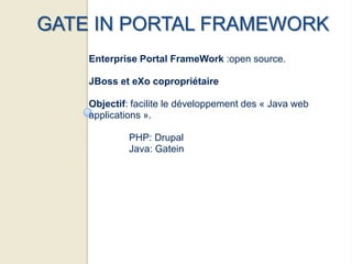 GATE IN PORTAL FRAMEWORK
    Enterprise Portal FrameWork :open source.

    JBoss et eXo copropriétaire

    Objectif: facilite le développement des « Java web
    applications ».

             PHP: Drupal
             Java: Gatein
 