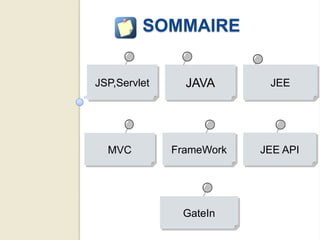 SOMMAIRE


JSP,Servlet     JAVA       JEE




  MVC         FrameWork   JEE API




               GateIn
 
